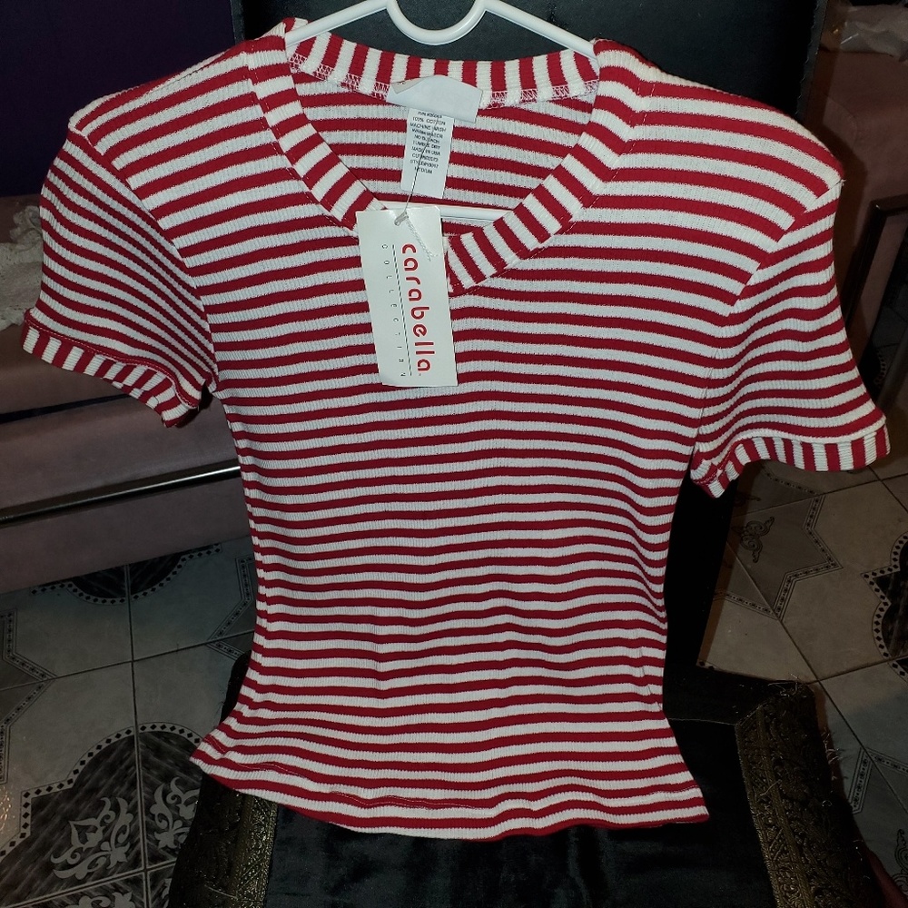 Carabella Red/White Stripe Ribbed V-Neck Tee M NWT